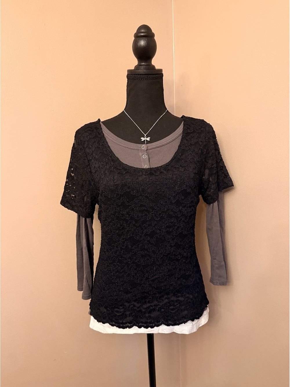 Black Lace Short Sleeve Top Small, Downtown Girl, Whimsigoth, layering